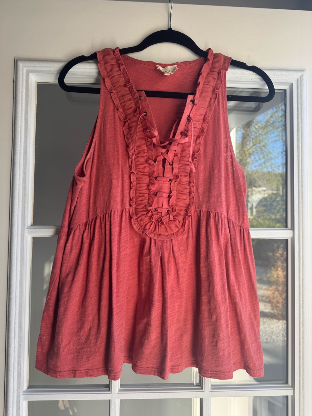 Anthropologie Coral Ruffled Lace-Up Sleeveless Top